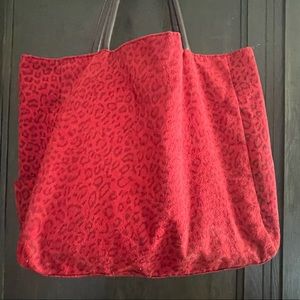 Red cheetah print suede tote bag